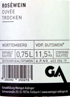 Bentz Rosé Cuvée Trocken - Aldinger -Ferrari || Nautilus || Bree Sales bentz rosewein cuvee trocken backlabel